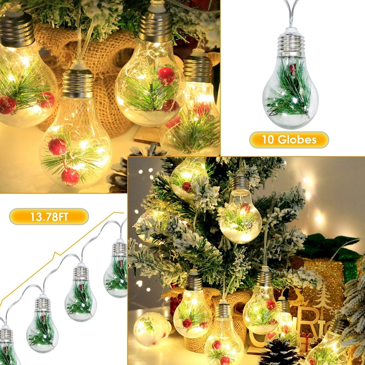 13.78Ft Christmas Snow Globe String Light Battery Powered 10 Led Bulbs Indoor Christmas Lights With Pine Needles
